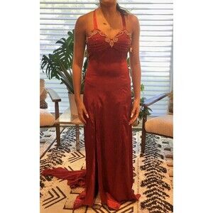 NOX NARIANNA Maroon Red Halter Rhinestone Prom Wedding Bridesmaid Formal Dress M